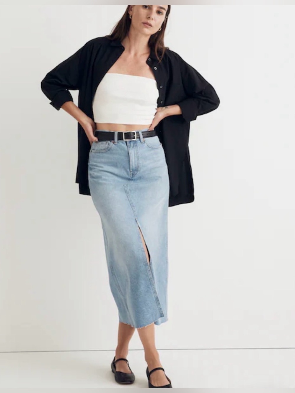 Madewell Light Wash Denim Maxi Skirt Raw Frayed Hem Long Jean Skirt Waist 31